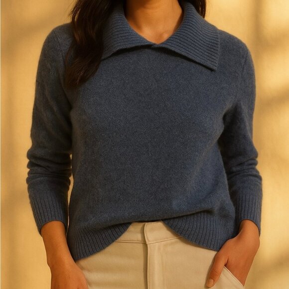 Raffi Women's 100% Cashmere Open Back Collared Sweater - Blue - US S - Picture 2 of 5